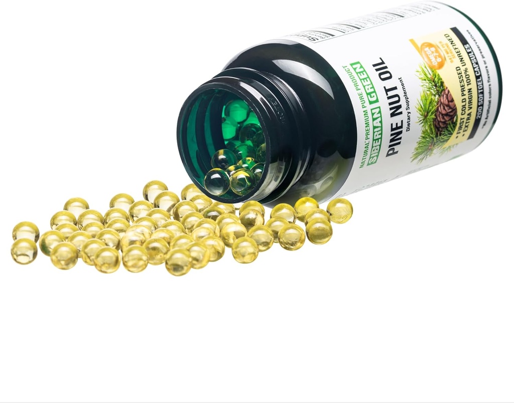 Syberyjski Green Pine Nut Oil Kapsułki 200 Softgels Wild Harfered Syberia Altai Cold Pressed Unreformed