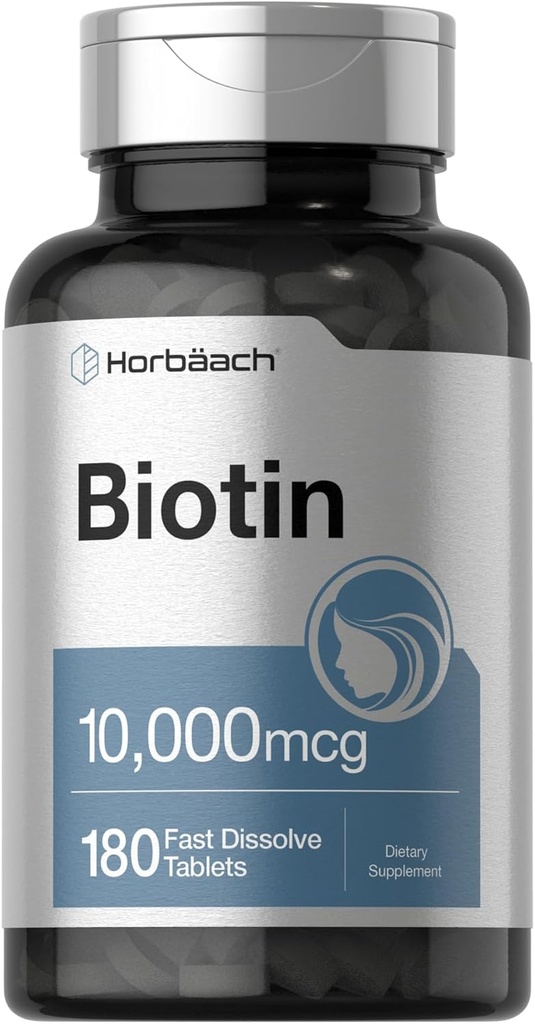 Horbäach Biotin 10000mcg Mex124; 180 Fast Opløs tabletter Mex124; for kvinder & Mænd Mex124; Skønhed Supplement Mex124; Vegetar, Non- GMO, Gluten Free