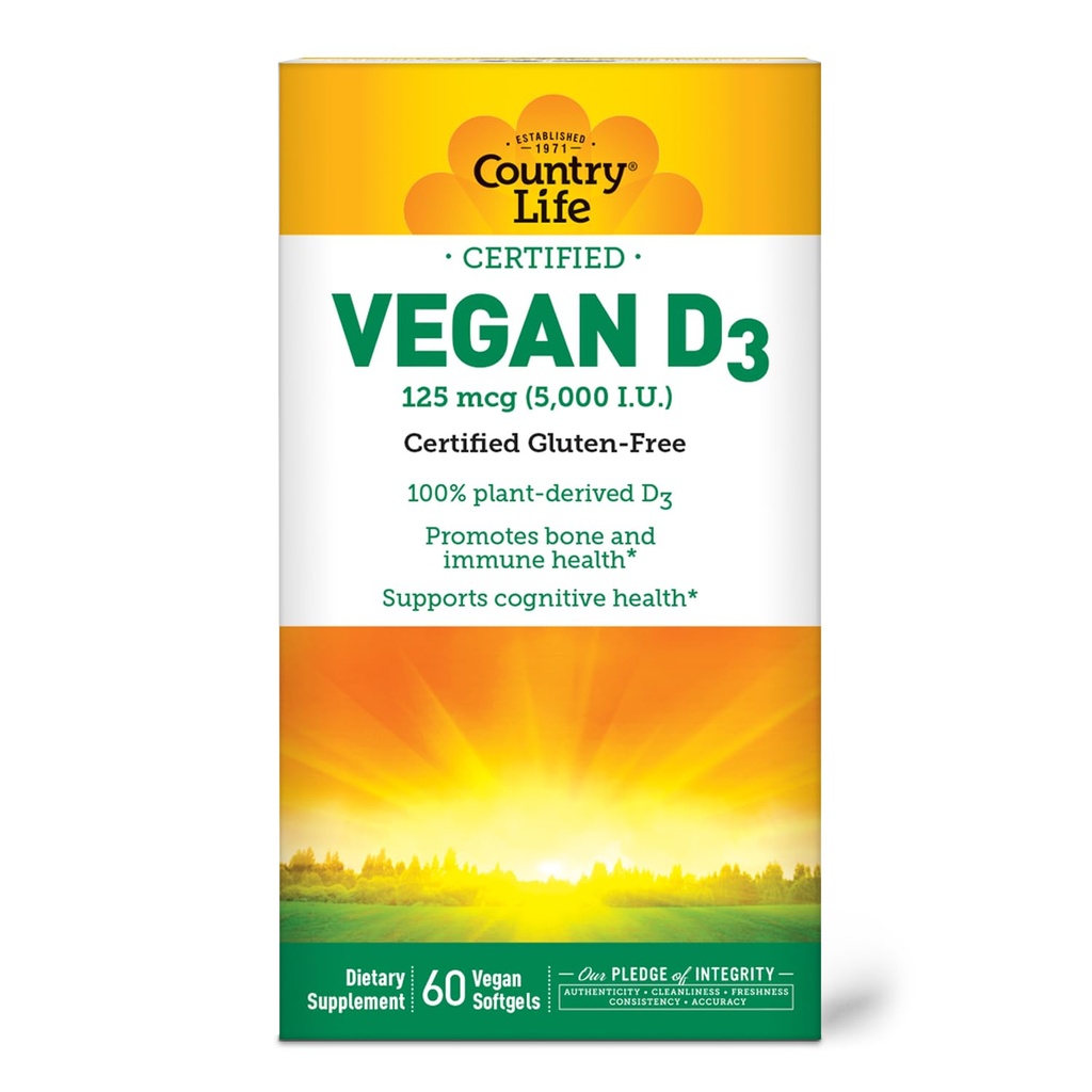 乡村生活 Vegan D35000 IU – 来自Lichen的植物耐用维生素D3 – 高概率Immune & Bone支持 – 认证 Vegan,无胶,非GMO – 60 Softgels
