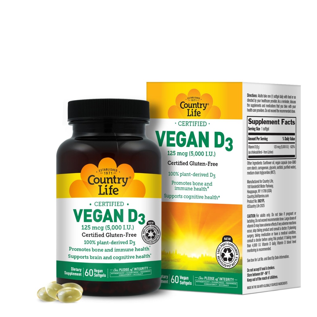 Country Life Vegan D3 5000 IU – Plant-Derived Vitamin D3 from Lichen – Certified Vegan, Gluten-Free, Non-GMO – Clean, Simple Formula – 60 Softgels