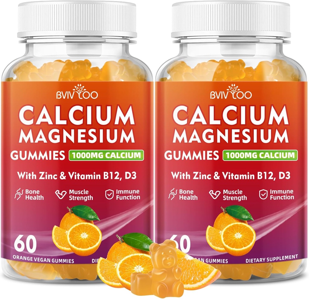 2 Pack Calcium Gummies 1000mg con Vitamina D3 K2 & B Complex, Potassium, Calcio Magnesio Zinc Gummies per Bone, Muscolo, Mood e Immunità - Arancione Flavor 120 Gummies