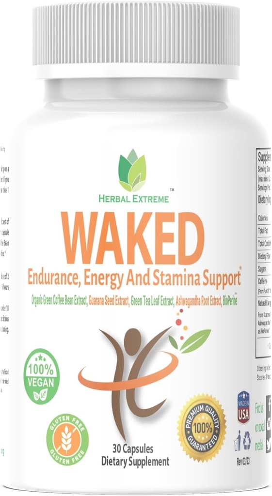 Waked Endurance, Energy And Stamina Support 30 kapselia Organic Green Coffee Bean Extract, Guarana Seed Extract, Green Tea Leaf Extract, Ashwagandha juuriuute, ja Black Pepper Extract bioPerine
