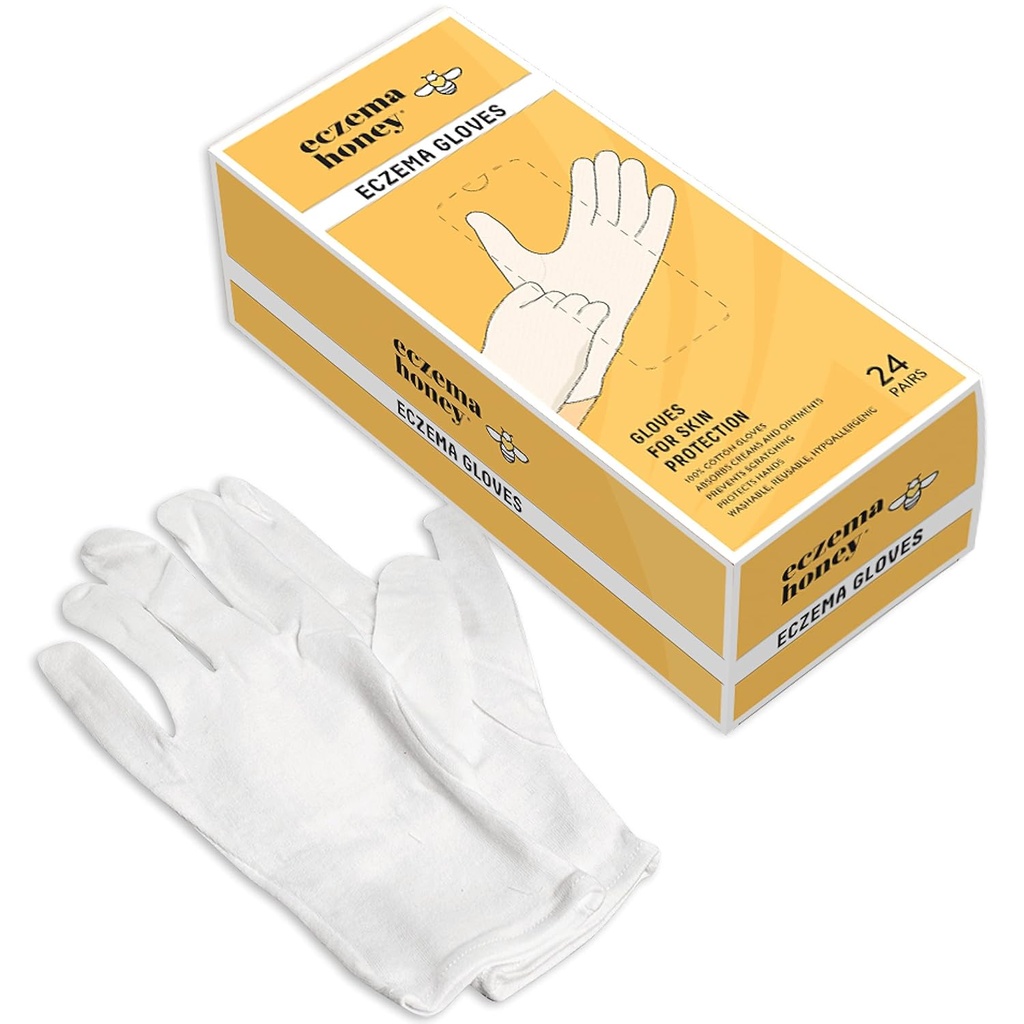 Guanti in cotone 100% premium ECZEMA HONEY - Trattamento per mani asciutte lavabili e riutilizzabili - Guanti in cotone bianco per Eczema (24 coppie)