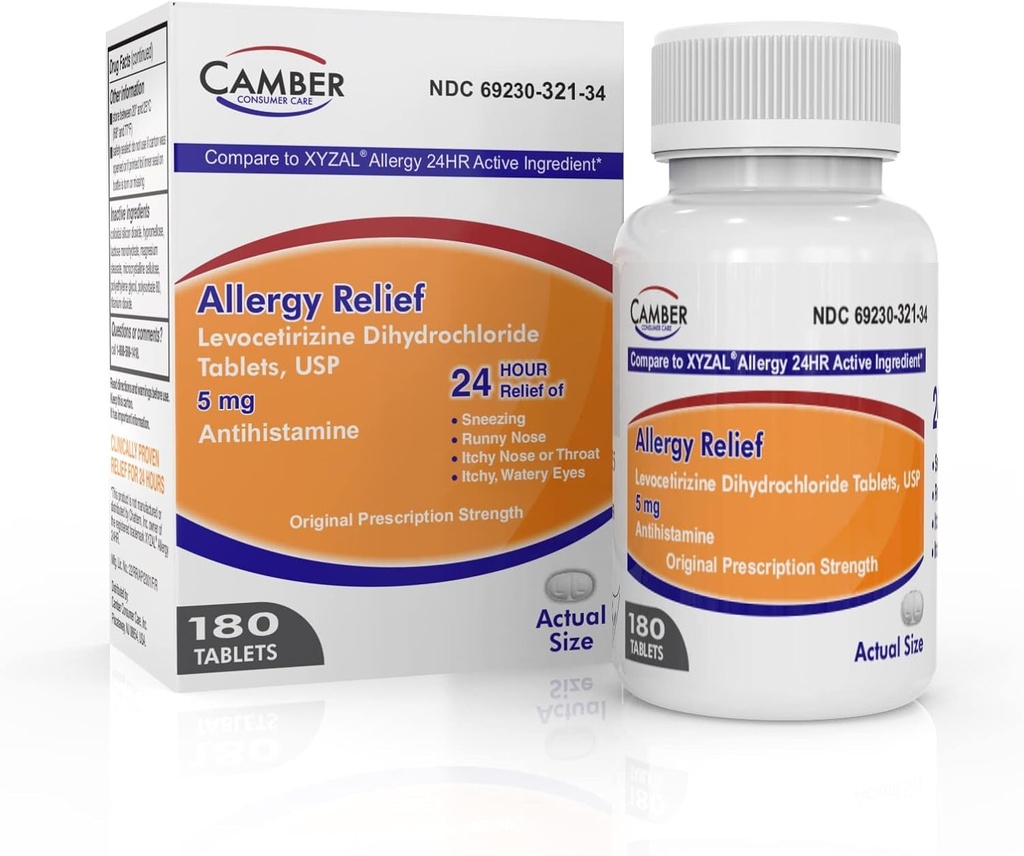 Camber Consumer Care Levocetirizine Dihydrochloride 5mg Antihistamine טבליות, Allergy Relief Medicine (180 Count)