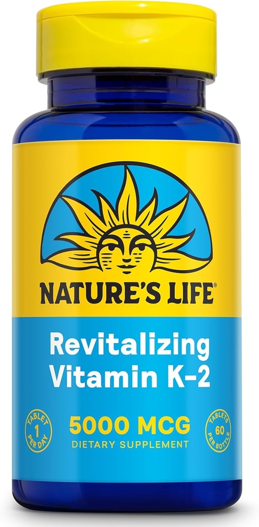 Nature's Life Revitalizing Vitamin K2 - Saúde ósea, arteria e apoio á saúde cardíaca - High Potency Vitamin K Supplement como Vitamina K2 MK4-60 Day Guarantee, Lab Verificado - 60 servizos, 60 tabletas