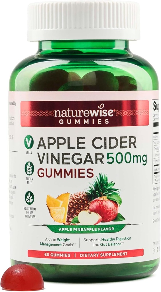 NatureWise Ābolu sidrs Etiķis Gumijas - 1000mg ACV uz 2 + vitamīns B12 - pektīns Based Vegan, bez lipekļa, ne-GMO - 60 Grāfs[30-dienas piegādes 1000mg vai 2- mēnešu piegādes 500mg]