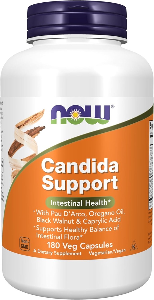 NOW Supplementen, Candida Support met Pau D'Arco, Oregano Oil, Black Walnut & Caprylzuur, 180 Veg Capsules