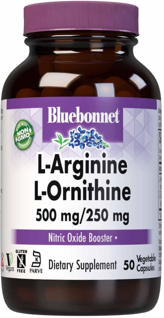 Bluebonnet 营养 L-Arginine 500mg/L-Orinithine 250mg, 支持蛋白质代谢*, 无豆类, 无胶类, 非GMO, Kosher 认证, Vegan, 50 蔬菜卡普尔, 50 服务