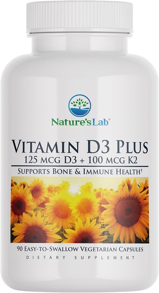 Nature's Lab Vitamin D3 Plus - Contains Vitamins D3 ve K2 (MK7) Immune Support, Sağlıklı Bones and Cardiovascular Health* - Gluten Free, Non GMO - 90 Capsules (3 ay Supply)