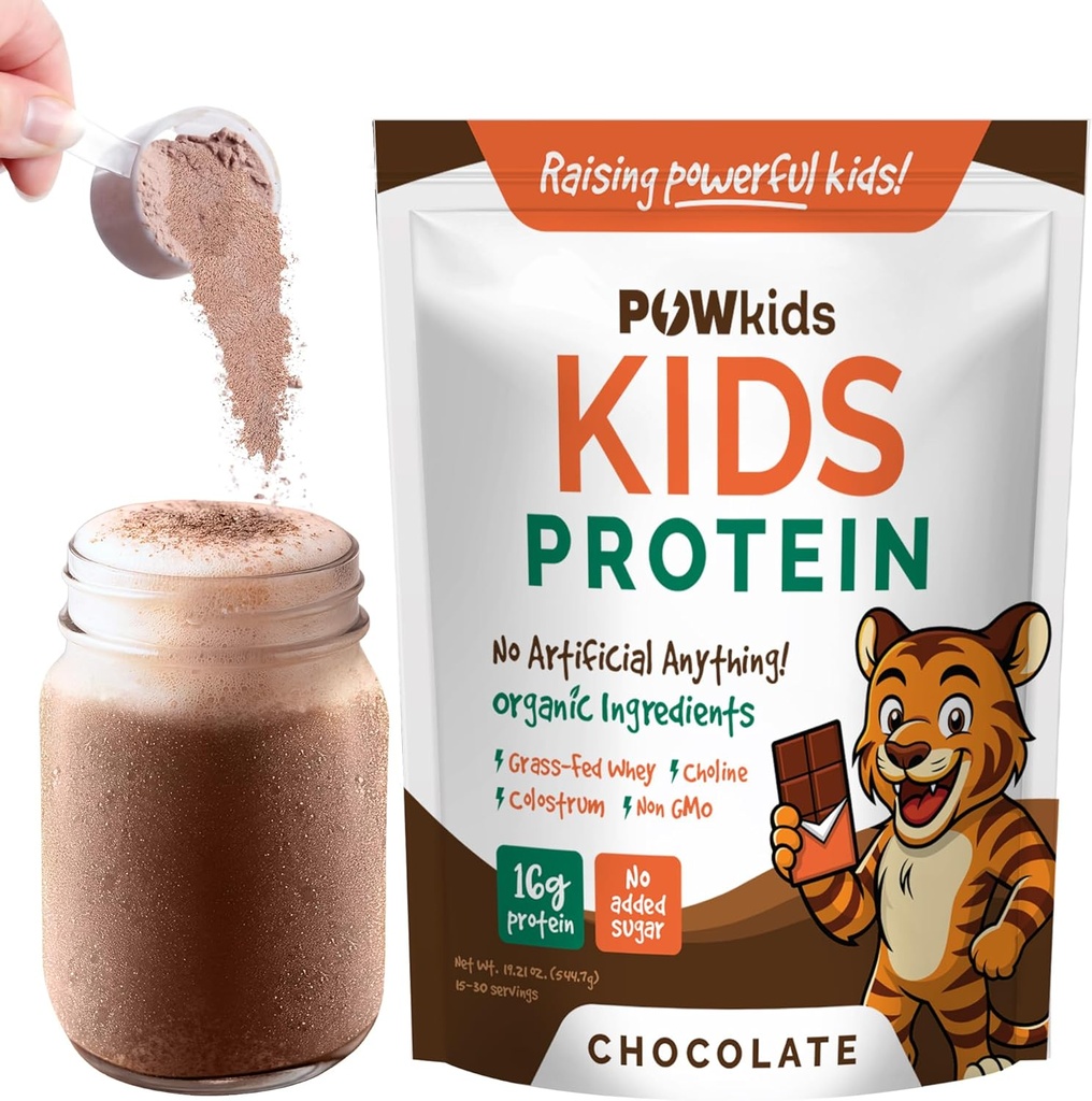 Kids Protein Shake Powder 16g - Zero Sugar, Organiska Ingredienser, Grass-Fed Whey Proteins - Calcium & Choline för benstyrka och hjärnutveckling, Protein Shake, 15-45 portioner - Chocolate