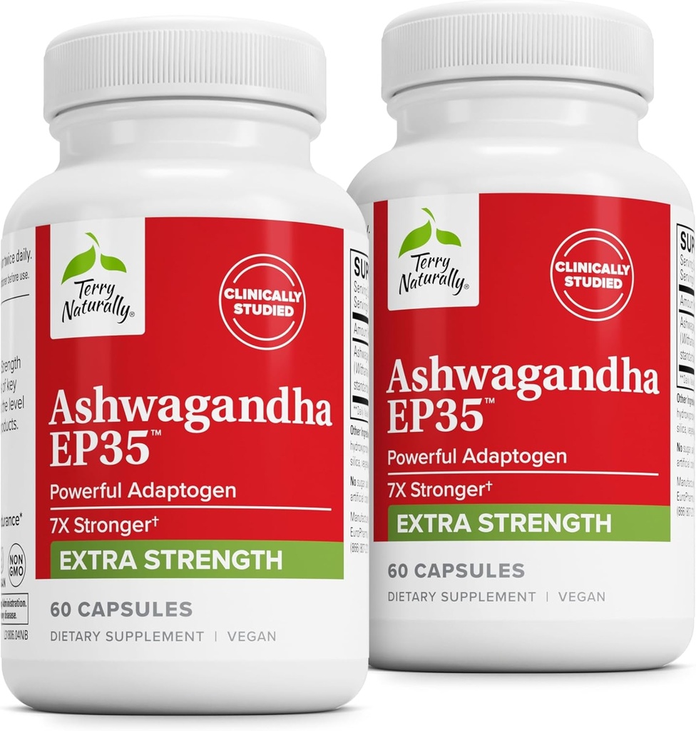 Terry Naturalmente Ashwagandha EP35 Força extra - Suplemento de ervas para apoio ao sono - Ajuda Resposta ao estresse saudável - Endurance & Energy Support - 60 Cápsulas (60 Servings)