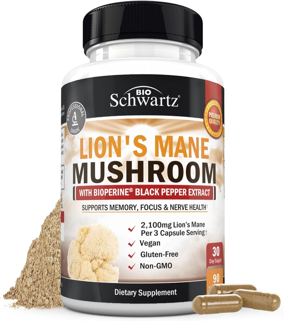 BioSchwartz Organic Lions Mane Supliment Capsule (90 Count) 2100mg Lions Mane Ciuperci cu BioPerine pentru Absorbție Max, Compus activ verificat, Nootropic Creier Suplimente pentru Memorie și Focus