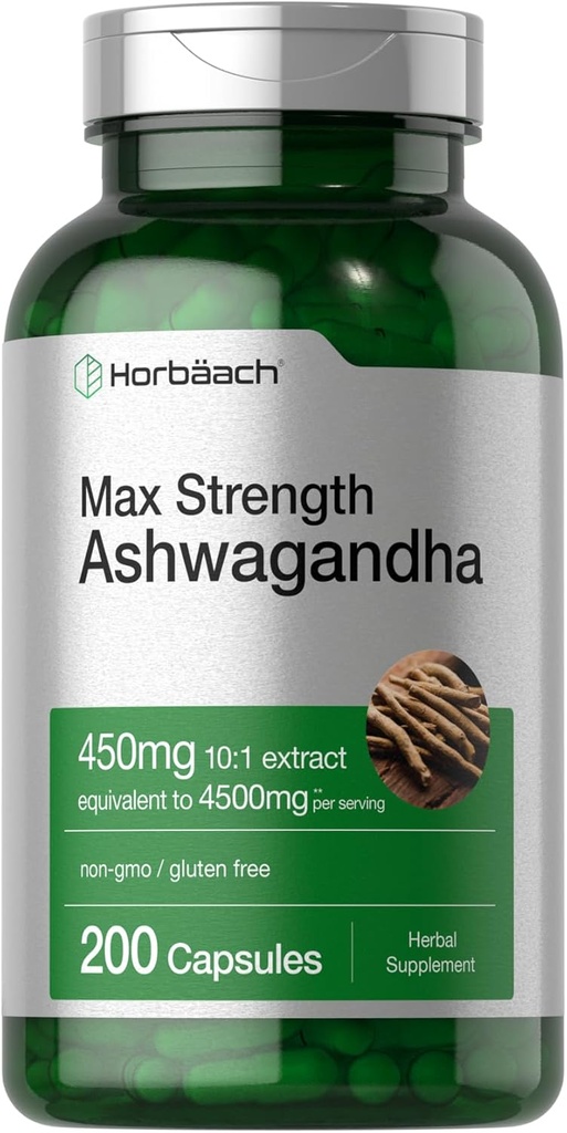Horbäach Ashwagandha Supplement - Força Máxima - 200 Cápsulas - Para Mulheres e Homens - Não-GMO, Glúten Grátis