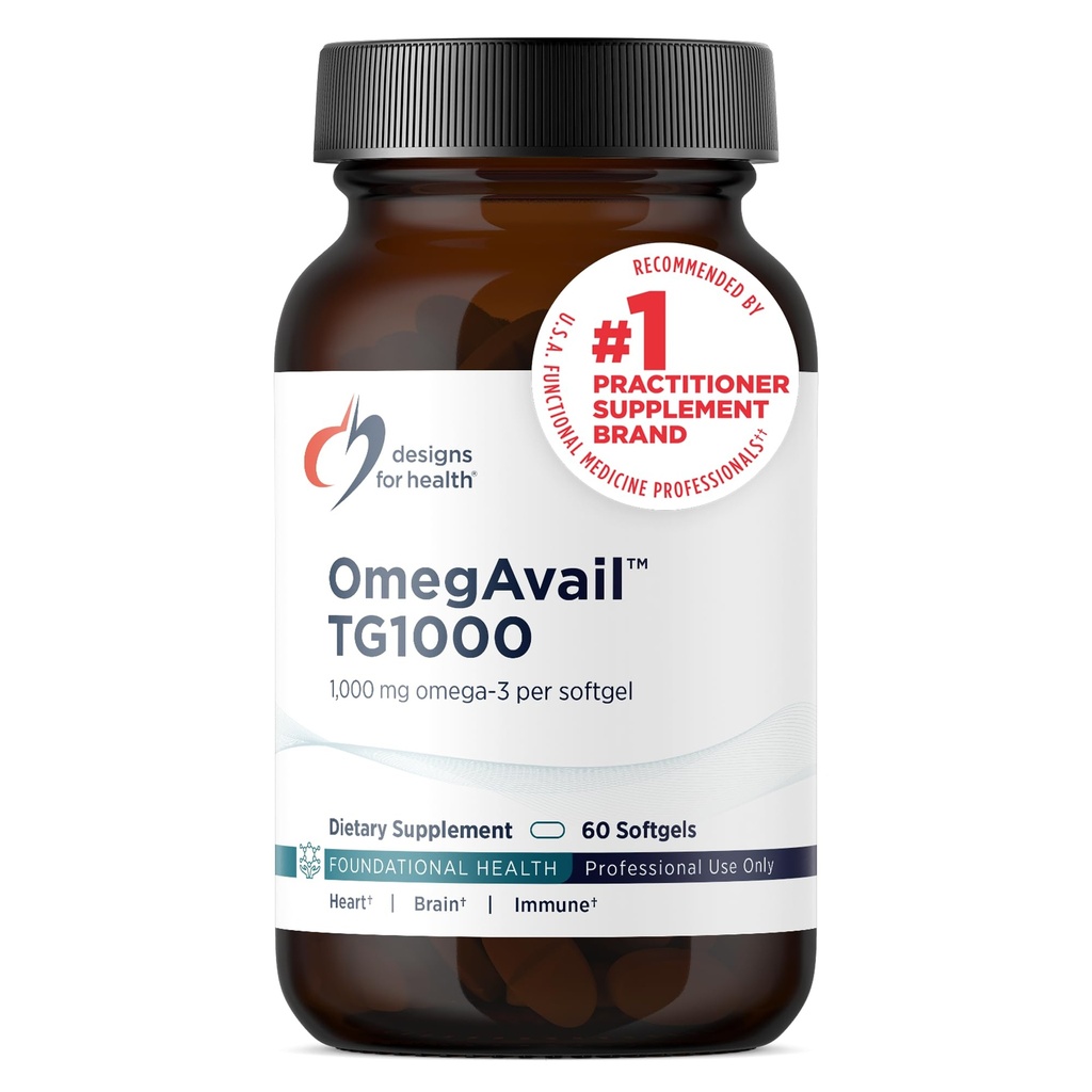 Designs for Health OmegAvail TG1000 - TG (Triglyceride) Fish Oil Supplement with EPA/DHA - Highly Concentrated 1000mg Omega-3 Per Softgel - Natural Lemon Flavor + No Fishy Aftertaste (60 Softgels)