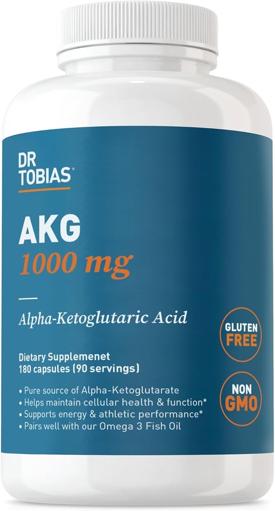 Dr Tobias AKG Supplément 1000mg par portion, acide cétoglutarique alpha biodisponible, supporte l'énergie cellulaire et le flux d'oxyde nitrique, végétalien, sans gluten, non-OGM, 180 capsules, 90 portions