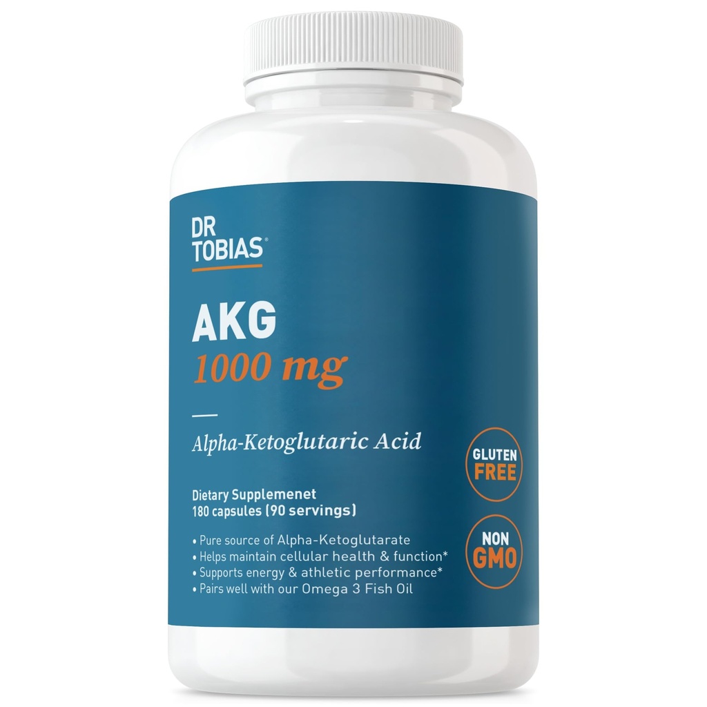 Dr. Tobias AKG Supplement 1000mg Bioavailable Alpha Ketoglutaric Acid | Cellular Energy & Nitric Oxide Flow | Vegan, Gluten-Free, Non-GMO | 180 Capsules 90 Servings