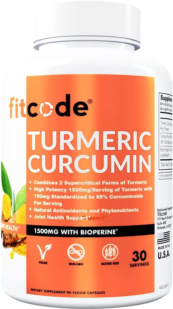 fitcode Turmeric Curcumin s 95% Curcuminoids, Highest Potency, Non-GMO, Gluten Free, 1500mg Ultra-Pure Turmeric Curcumin s BioPerin pre zvýšenú absorpciu, 30 Slúžiť Veggie Kapsule