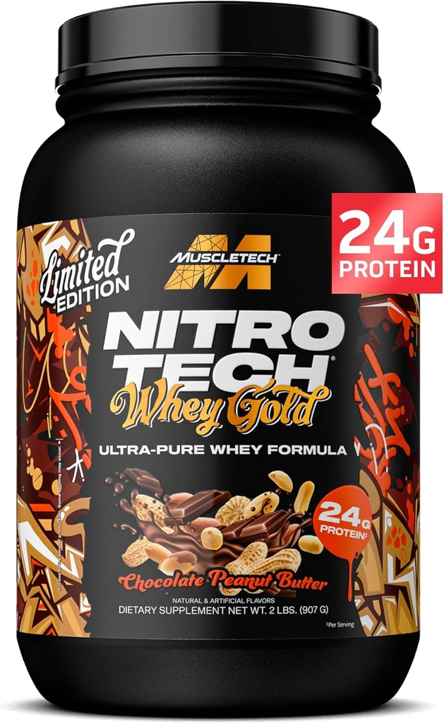 MuscleTech Whey Protein Powder (Chocolate Peanut Butter, 2LB) - Nitro-Tech Whey Protein Isolate Smoothie Mix Lean Muscle & Fast Recovery - 24g Whey Gold Protein for Women & Men - Gluteeniton