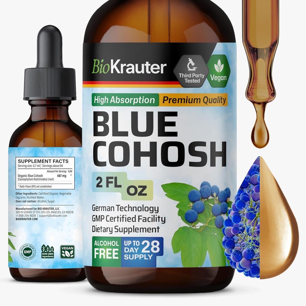 BIO KRAUTER® Menopause Supplements for kvinner* - Blå Cohosh Tinktur 2 Fl.Oz 28 dagers forsyning - Vegansk Blå Cohosh Ekstrakt for Menopause Support - Alkohol og sukker Gratis - Relaxation & Kvinners wellness