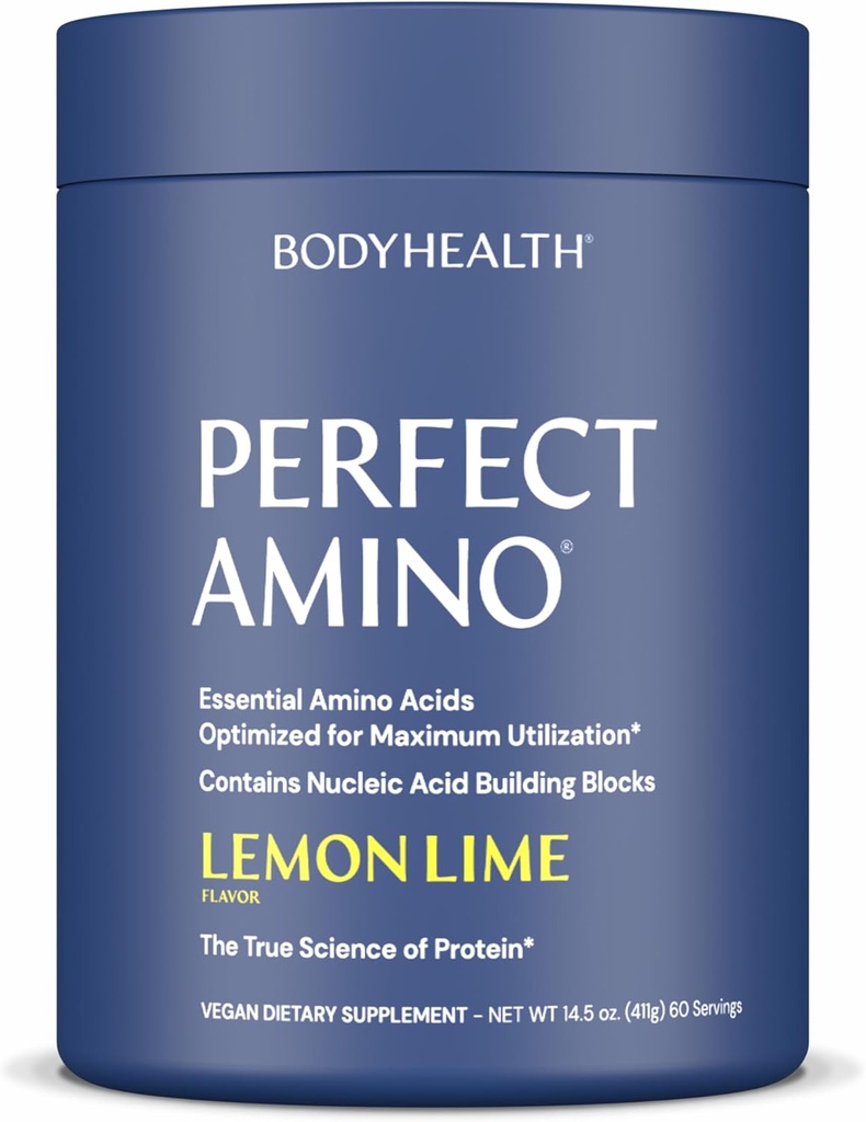 BodyHealth PerfectAmino Powder - BCAA and EAA Powder for Pre and Post Workout - Amino Acid Energy Drink for Men and Women to Support Lean Muscle and Recovery - Lemon Lime - 60 Servings
