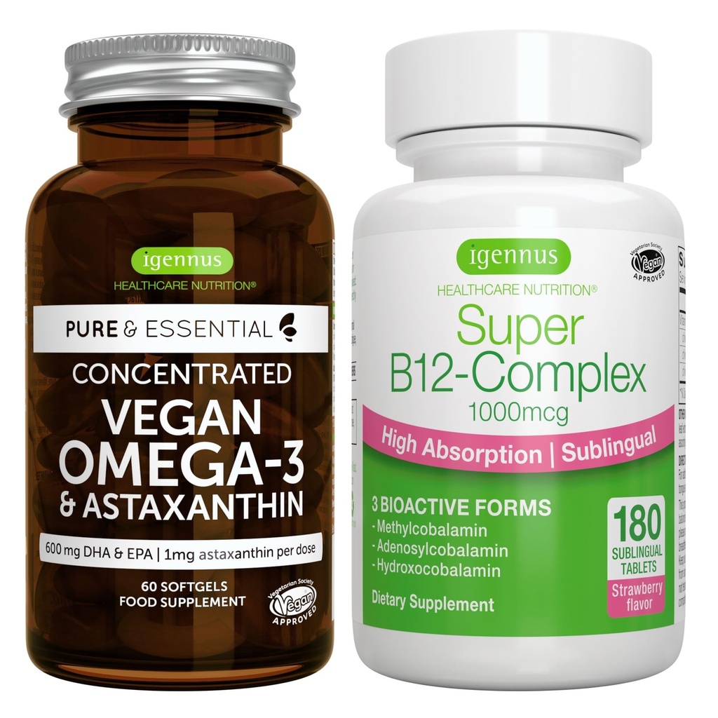 Vegan Omega-3 + Super B12-Complex 1000mcg Vegan Bundle, Sustainable EPA & DHA Algae Oil 1340mg + High Absorption Sublingual Vitamin B12 With Methylcobalamin, Adenosylcobalamin & Hydroxocobalamin, by I
