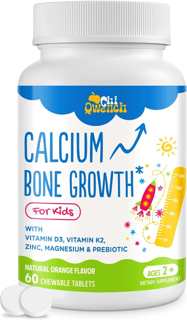 500 MG Calcium Supplement med vitamin D3 & K2, Zink, Magnesium & Prebiotika. Barn vitaminer för barns höjd. Bone Strength, High Absorption, Orange Chewables, Non-GMO, Gluten Free, 60 Tabs