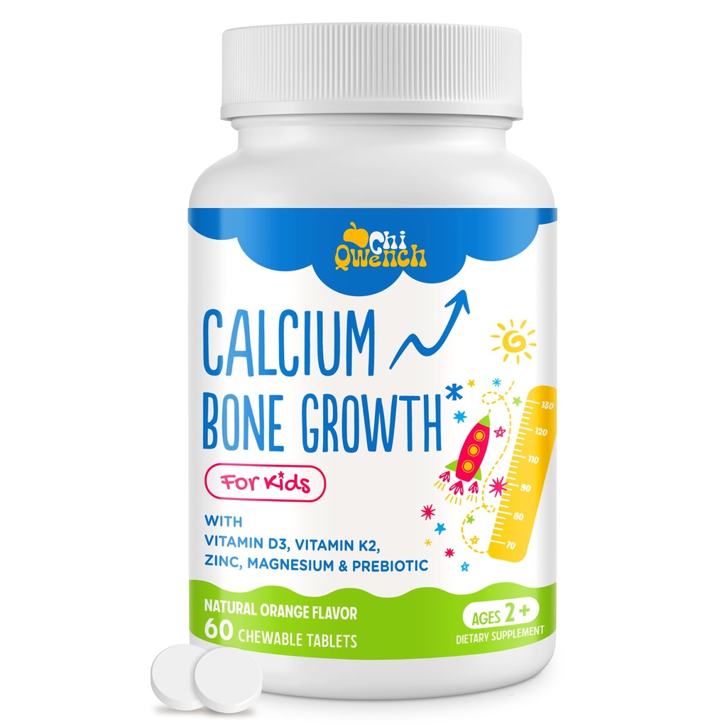 ChiQwench 500 MG Calcium Supplement with Vitamin D3 & K2, Zinc, Magnesium & Prebiotics. Kids Vitamins for Kids' Height. Bone Strength, High Absorption, Orange Chewables, Non-GMO, Gluten Free, 60 Tabs