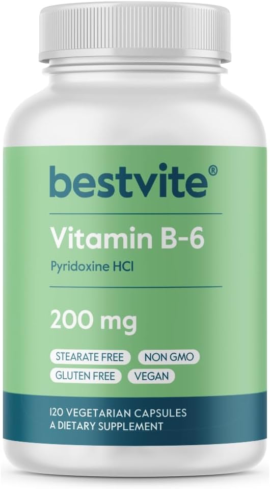 BESTVITE Vitamin B-6 200mg (120 Vegetariska kapslar) - Inga Stearates - Inga flödesagenter - Vegan - Ingen GMO - Glutenfri