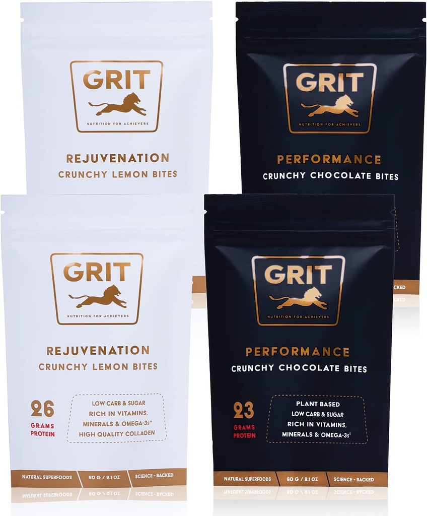 Ernährung Bites Sampler Pack | 23-26g Protein | High Energy Pre-Workout und Joint Support Supplements | Muskel-Building und Endurance | Glutenfrei, Keto, No Soy | GRIT Superfoods (60g, 4 Packung)