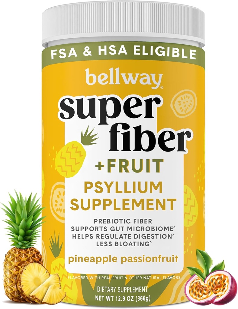 Bellway Super Fiber Powder + Fruit, Sugar Free Organic Psyllium Husk Pulver-Ergänzung für Regularität, Bloating Relief & Digestive Health, Plant-Based, Ananas Passionsfrucht (50 Portionen)