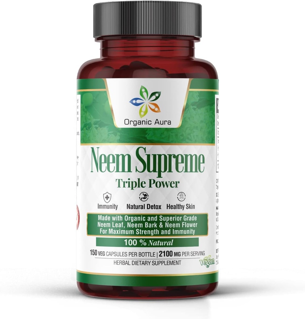 Organic Aura Neem La Suprema Capesules. 150 Veg Capules. Triple complex - Max Warder High-Potiu Azadirachta Indica Capsule. Implementació natural contra l'Antigant, la salut d' aparences, Abundant Immunity.