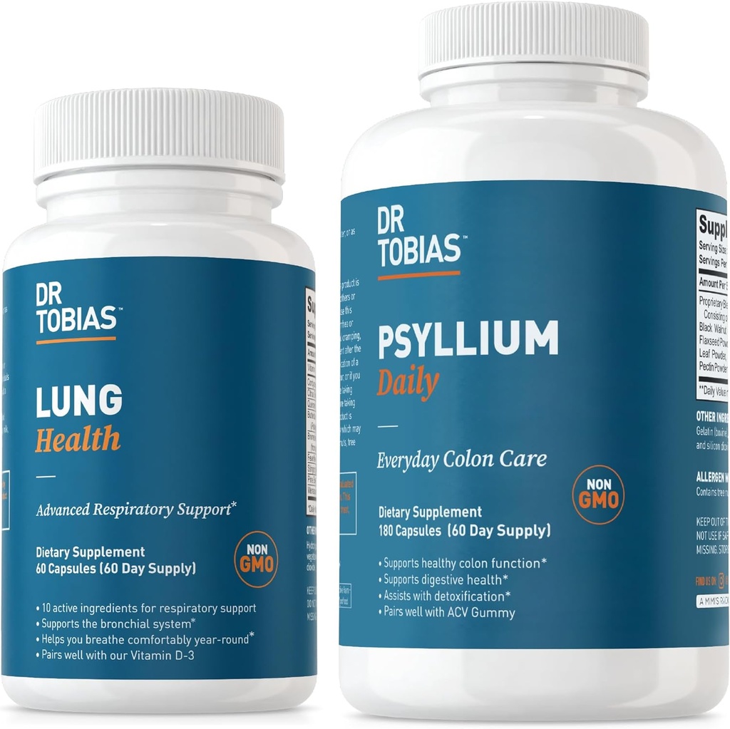 Dr. Tobias Lung Health " Psyllium Daily Supplements, Lung Cleanse " Detox Fórmula, apoya los movimientos de bolos saludables con Psyllium Husk, Vitamina C, Butterbur, Quercetin, Daily Fiber and Lung Supplement