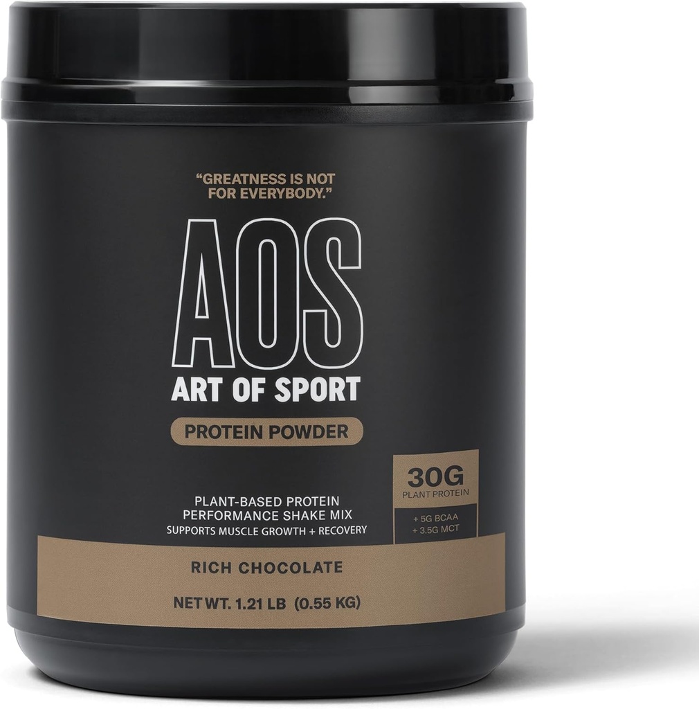 Art of Sport 30g Protein Powder, Chocolate, Proteína para Atletas, Planta Baseada, Leite & Glúten Livre, 0g Açúcar, 5g BCAA, 3,5g MCT, 1.21lb banheira