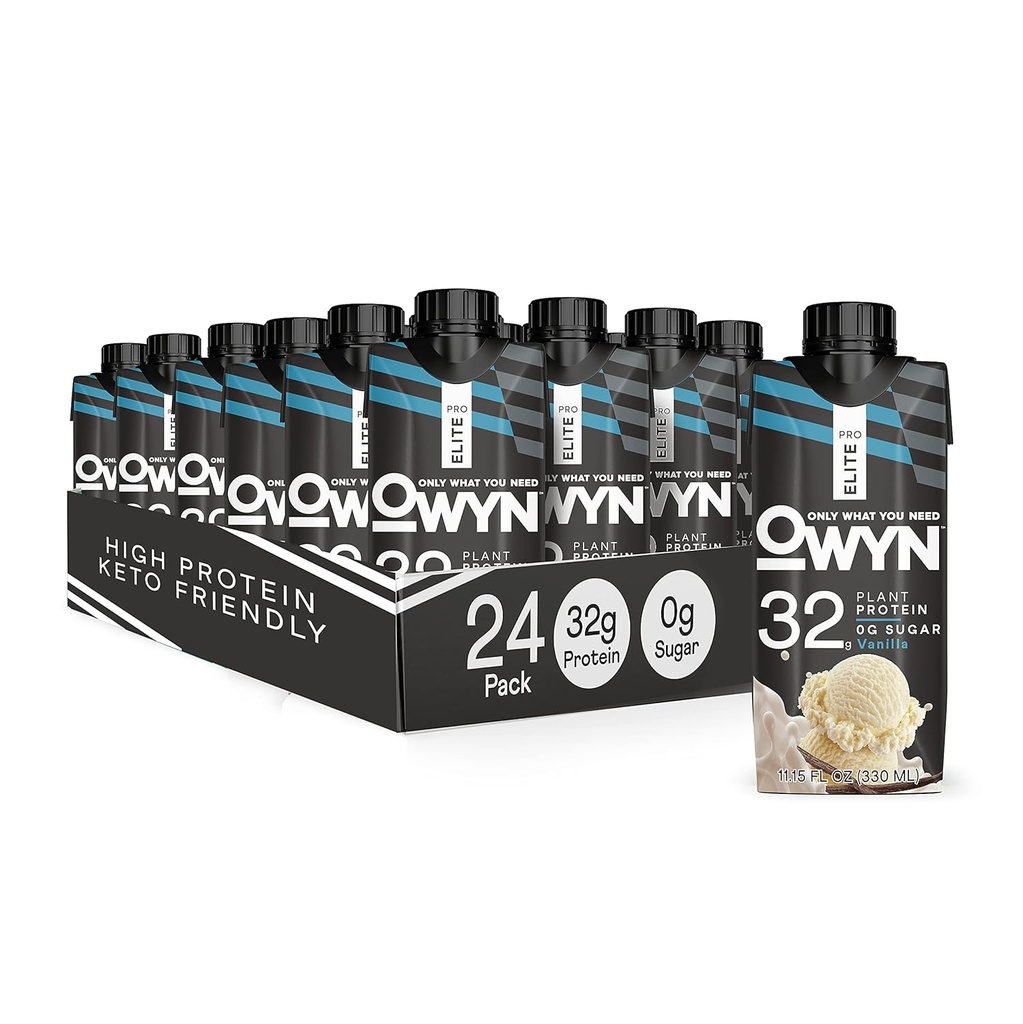 OWYN Pro Elite Vegan Plant-Based High Protein Shake, Vanilla, 24-Pack, 32g Plant Protein, Prebiotica, Superfoods Greens for Workout and Recovery, 0g Net Carbs, Zero Sugar, Keto (24 Pack)