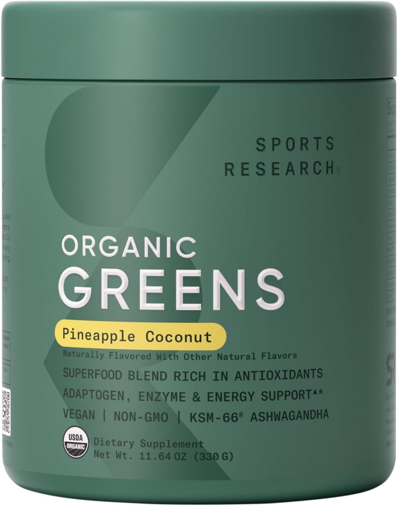 الرياضات البحثية للزراعة العضوية للخضروات السوبر المأكولات من طراز w/Spirulina, Chlorella, Adaptogens, Enzymes, Probiotics " 8 VIT Bs for Gut ' Mood Support* - Vegan, Sugar-Free " Low-Cal Pineapple Coconut 30 Servings