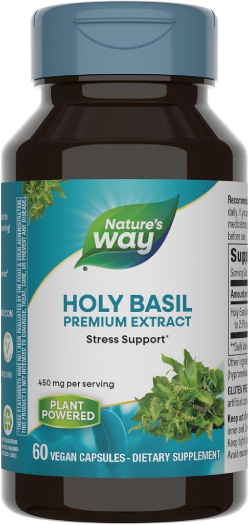 Nature's Way Holy Basil Premium Extract, Stress Support*, Herb Adaptogenic*, 450 mg por serviço, 60 Cápsulas Vegan (Pacote Maio Vary)
