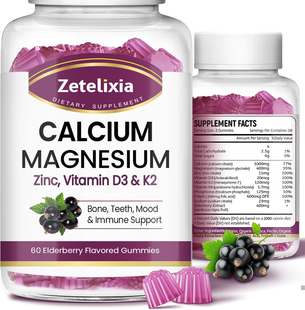 Calcium Gummies with D3, Calcium Magnesium Supplement with Glycinate,Potassium,Vitamin D3 & K2, &Whole Natural Food for Bone & Immune Support- 120 Chewable Gummy Elderberry Flavor