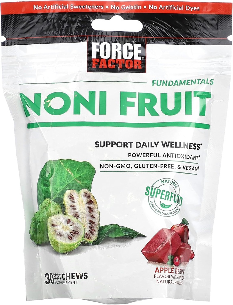 FORCE FACTOR Noni Fruit Chews for Immunity and Skin Health Support, Noni Juice Supplement, Plant-Based Antioxidant Superfood Chews, Gluten-Free, & Vegan, Apple Berry 맛, 30 소프트 체스