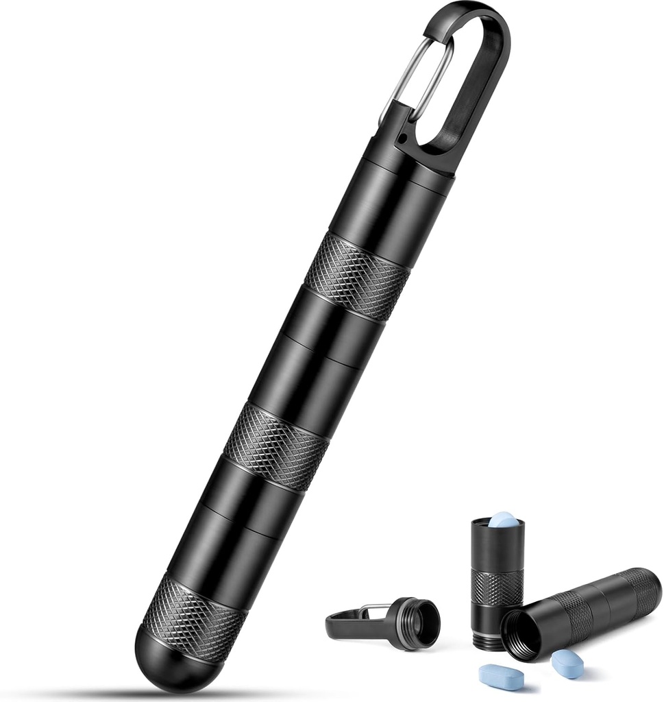 Micro Pilula Deţinătorul Keychain Titanium Pilula Case pentru Purse Pastile mici Container călătorie Black Pill Box Medicină Organizator pentru Suplimentul de ulei de peşte vitamine (Black+2 Extensie tub)