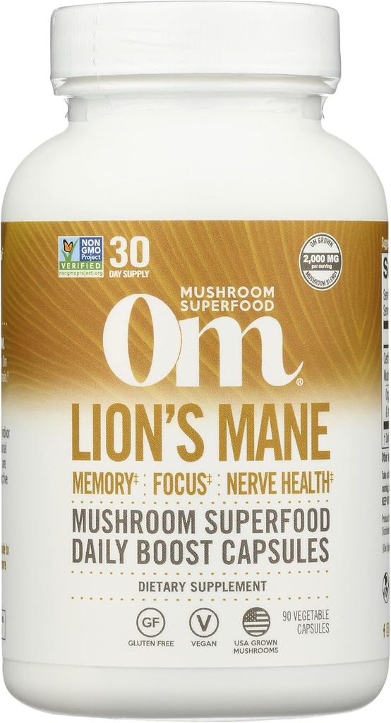 Om Mushroom Superfood Lw 's Mushroom Mushroom Supples, Fruit Body & Mycelium Nootropic for Memory Support, Focus, Clarity, Nerve Health, Creativity & Mood, 90 Kapsułki