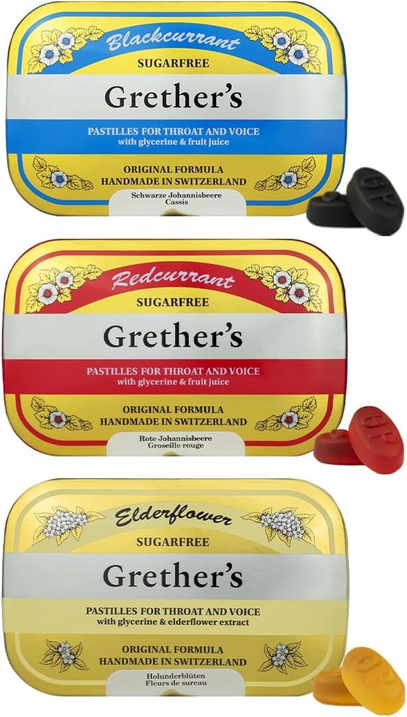 GRETHER's Sugarfree Pastilhas groselha preta, flor de sabugueiro e groselha - Presente para cantores - Remédio natural para alívio da boca seca - 2.1 onças (Pacote de 3)