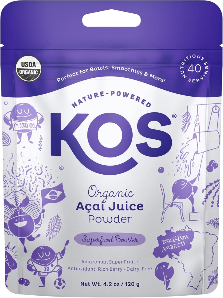 KOS USDA Organic Acai Powder, Neslazené Superfood - Přírodní antioxidant, Acai Berry pro Smoothies and Bowls - Polyfenol Abundant, Gluten- Free, Non- GMO, Climate Friendly resealaable Bag, 40 Služeb