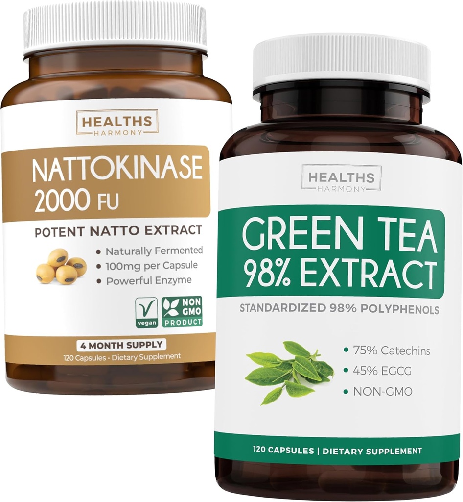 Nattokinase & Green Tea (2-Month אספקת) ירוק Vitality Boost - Nattokinase 2000 FU Powerful באופן טבעי פורה Soybeans -120 Caps & Green Tea Extract with EGCG (Non-GMO) Natural Metabolism Boost