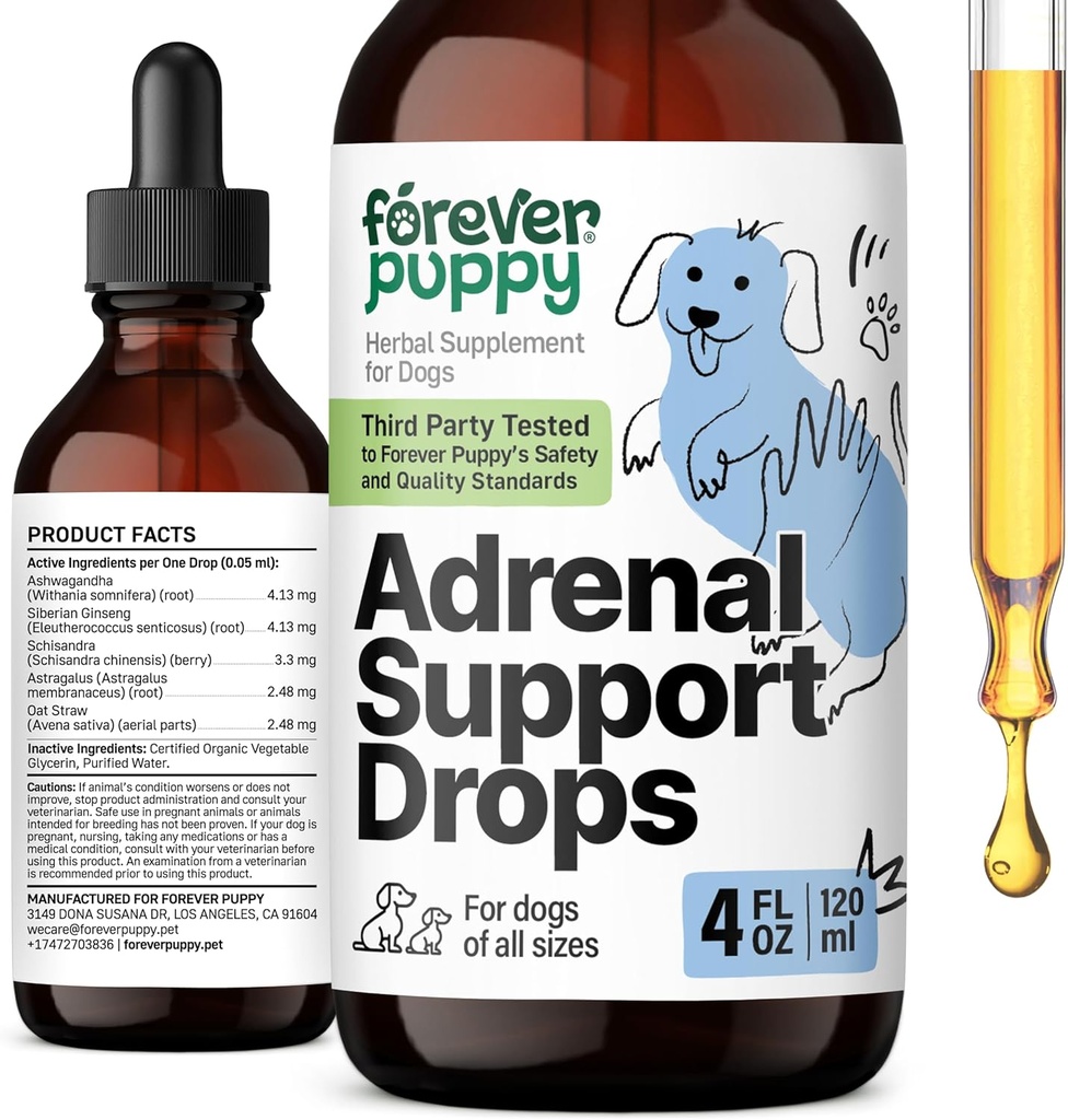 Forever Puppy Adrenal Support Drops for Dogs - Pure Ashwagandha & Ginseng Energy Support üçün qeydiyyat - Bütün Breeds və Ölçülər üçün Calming Supplement - 4 fl oz