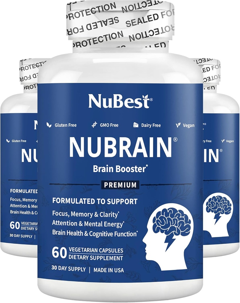 NuBrain - Advanced Brain Booster - Improve Memory, Focus & Clarity with Vitamin B6, Ginkgo Biloba, Bacopa Monnieri & More - Suplemen Otak untuk Pria & Perempuan - 3 Pack 124; 3 Bulan Suppply