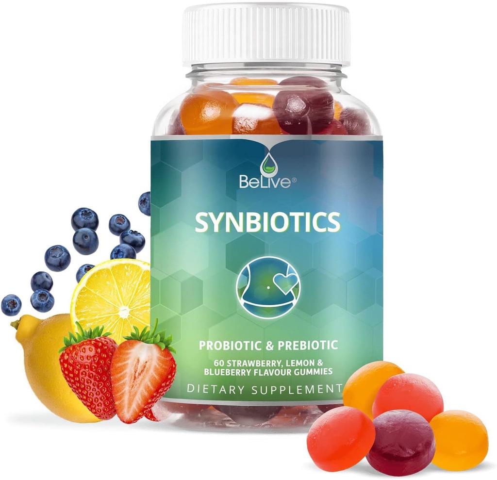 BeLive Synbiotics - Probiotic & Prebiotic Fiber Gummies - High Strength Inulin (3g), Dietary Fiber Supplement, Digestive Support för barn och vuxna - Strawberry, Lemon, Blueberry Flavor (60Ct)