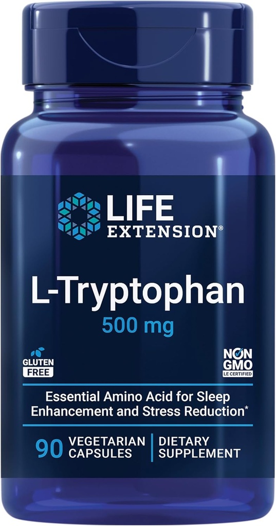 Extensión da vida L-Tryptophan, 500 mg, fomenta niveis de serotonina saudables e promove o sono saudable, o humor, a resposta ao estrés e a satisfacción, Gluten-Free, Non-GMO, Vegetarian, 90 cápsulas