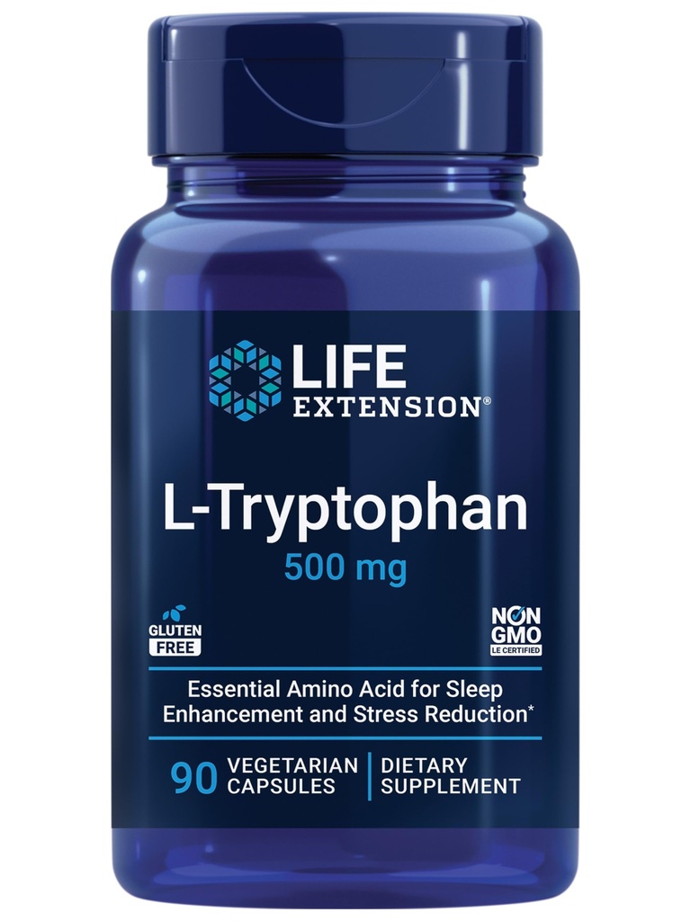 Life Extension L-Tryptophan, 500 mg, Encourages Healthy Serotonin Levels and Promotes Healthy Sleep, Mood, Stress Response & Satiety, Gluten-Free, Non-GMO, Vegetarian, 90 Capsules