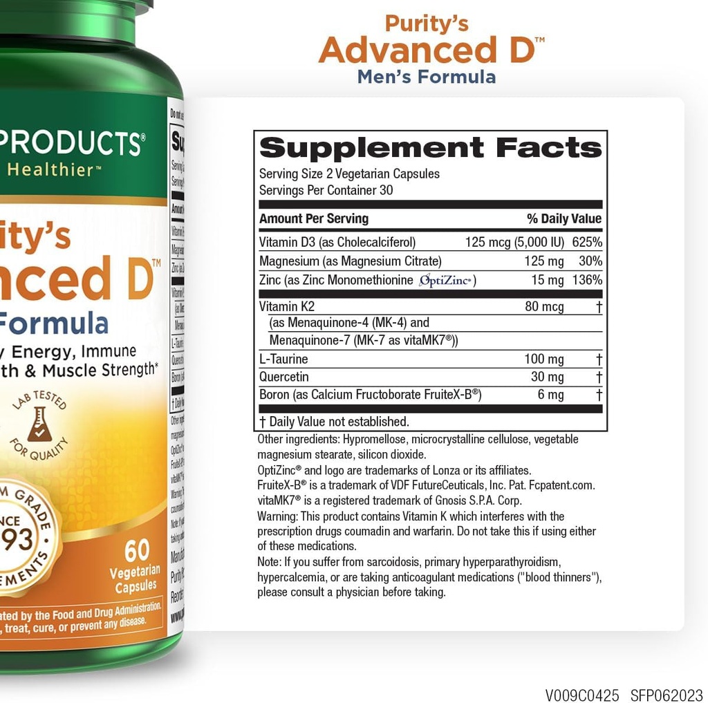 Чистота Продукти Dr. Cannell's Advanced Vitamin D Men's Formula Packed with Vitamin D, Vitamin K2, Цинк, магнезиев нитрат, бор и таурин - 60 Вегетариански капсули