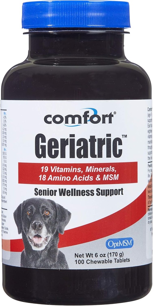 Integratore Geriatrico COMFORT per Cani, 100 Conte, Contiene MSM, Dismutasi Superossido, Ester-C, 19 Vitamine e Minerali & 18 Aminoacidi, Made in the USA